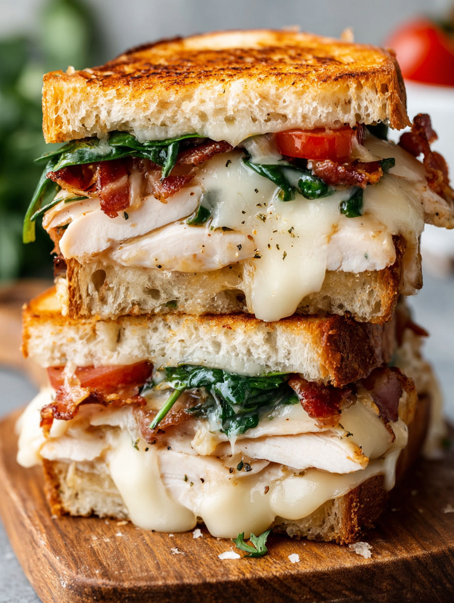 A stack of sandwiches with bacon and cheese.