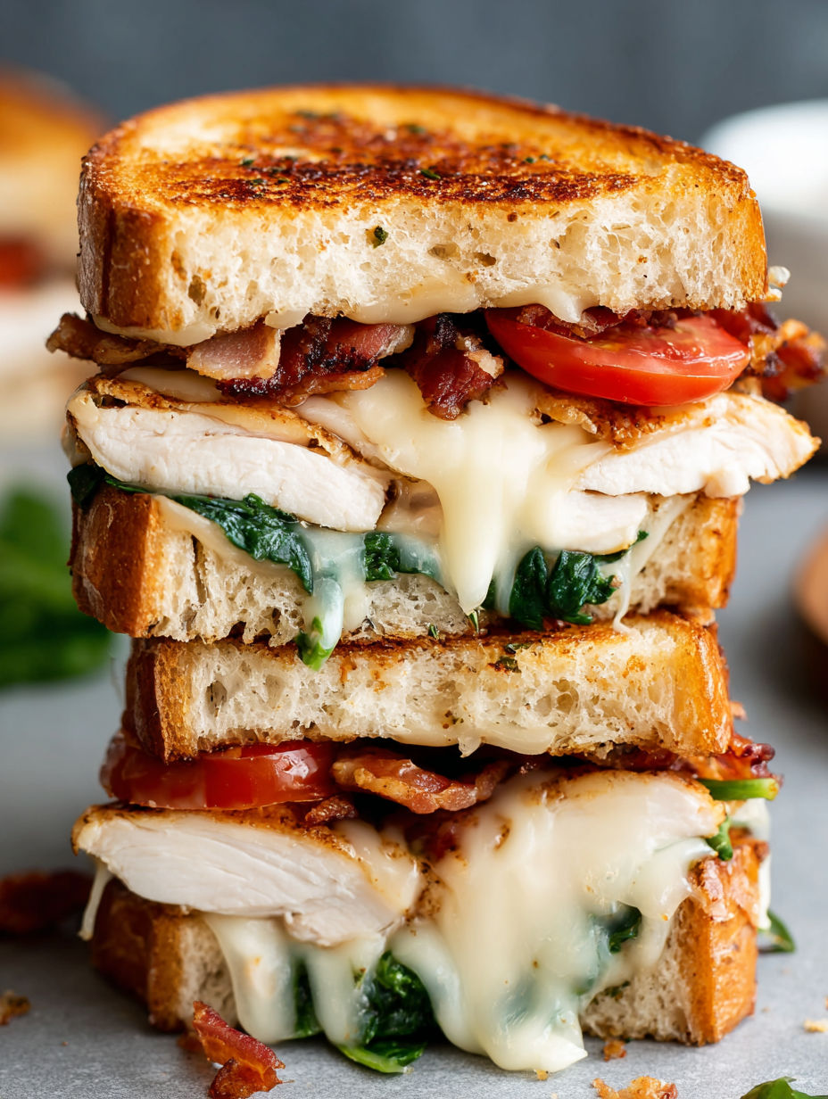 A stack of sandwiches with chicken, bacon, and cheese.