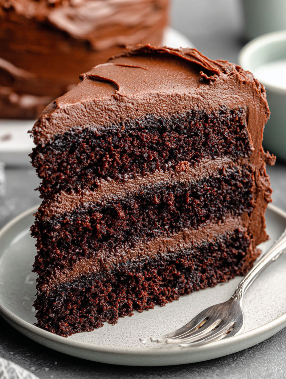 A slice of moist rich chocolate cake.