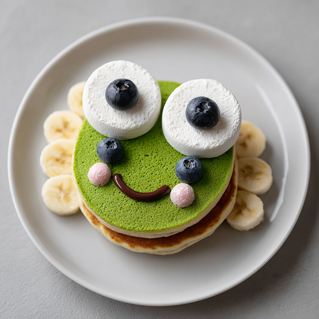 A plate of pancakes with a blueberry and banana monster face.