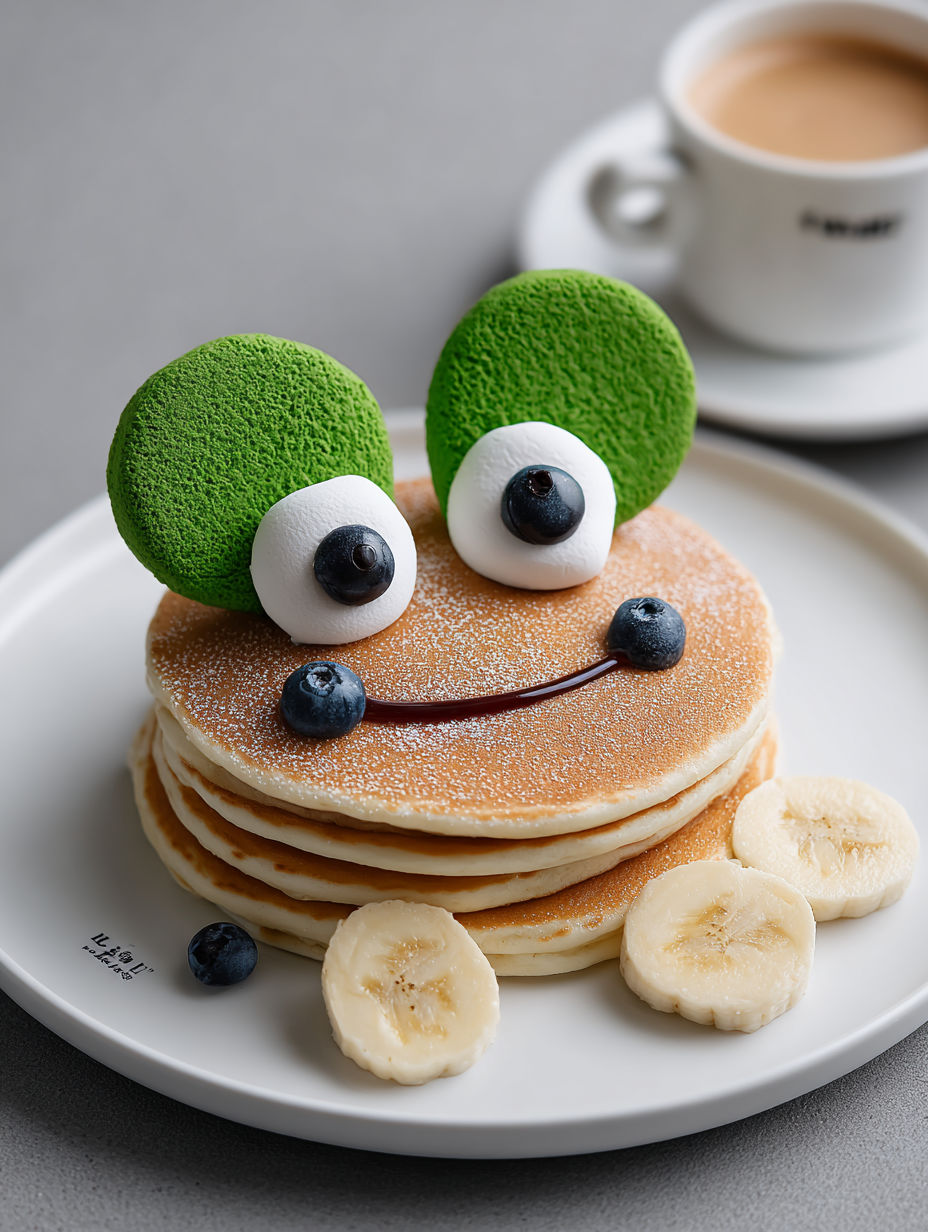 A plate of pancakes with a blueberry and banana on top.