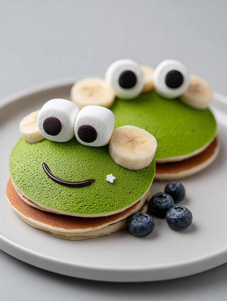 A plate of pancakes with bananas and blueberries on top.