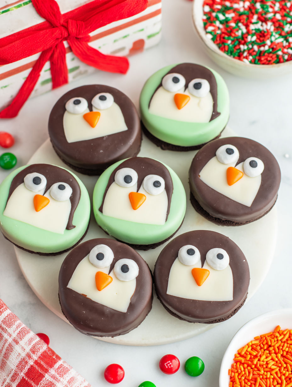 A plate of penguin shaped cookies.
