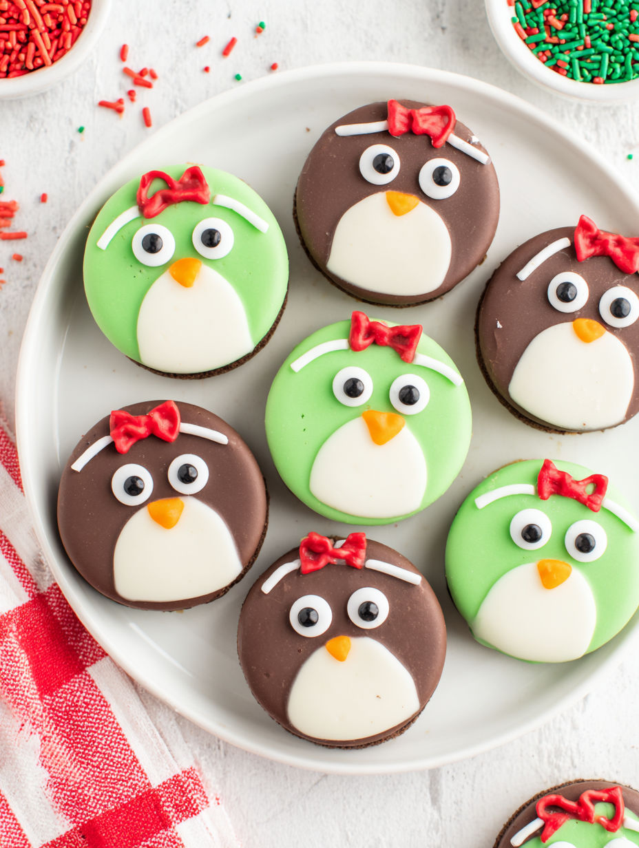 A plate of green and white cookies with penguin faces on them.