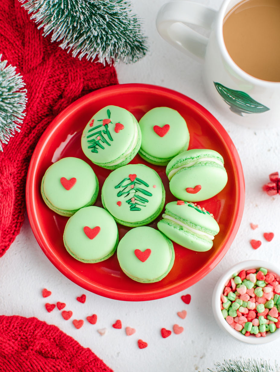 A plate of green and red cookies with hearts on them.