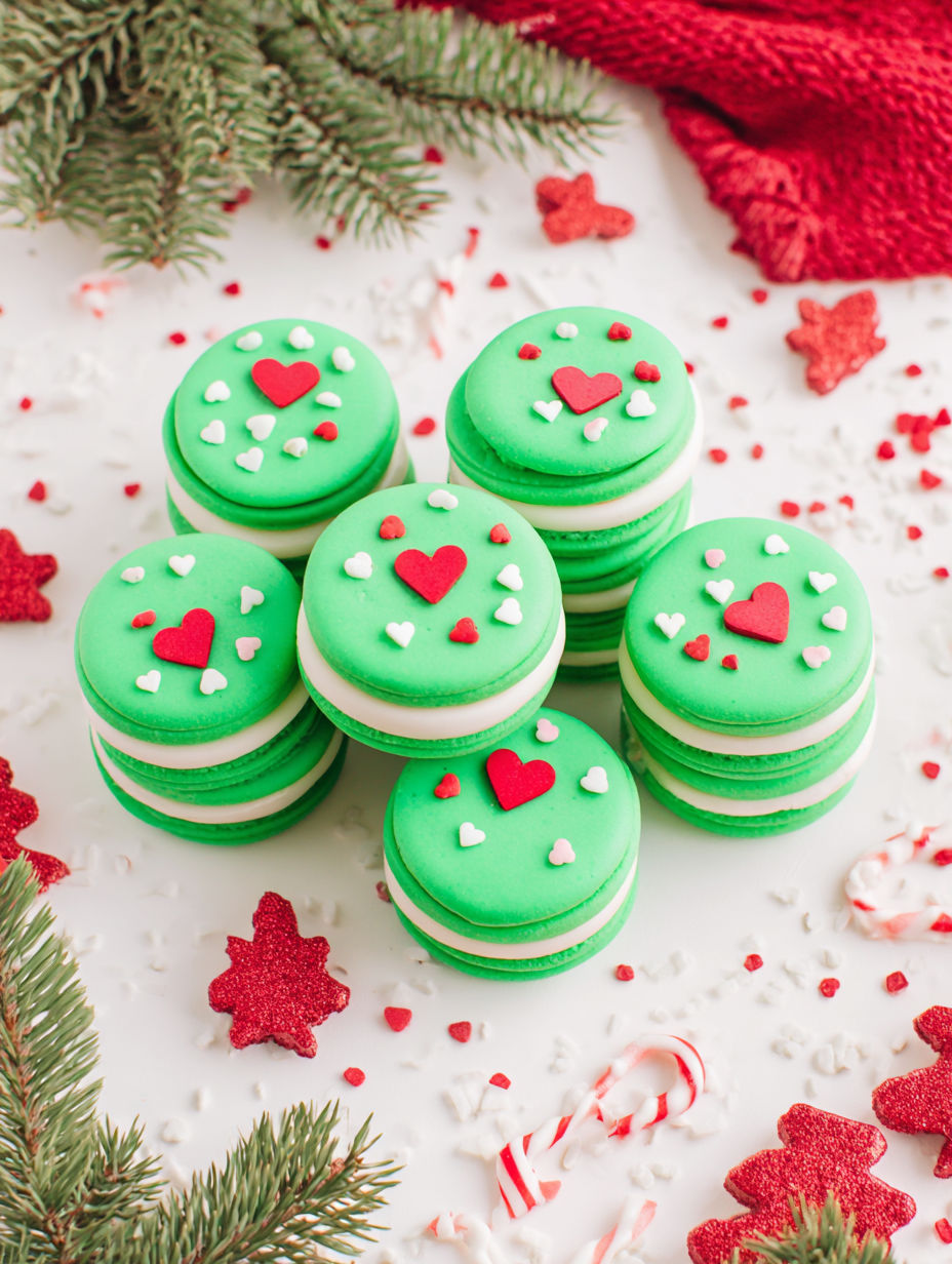 Green and white cookies with hearts on them.