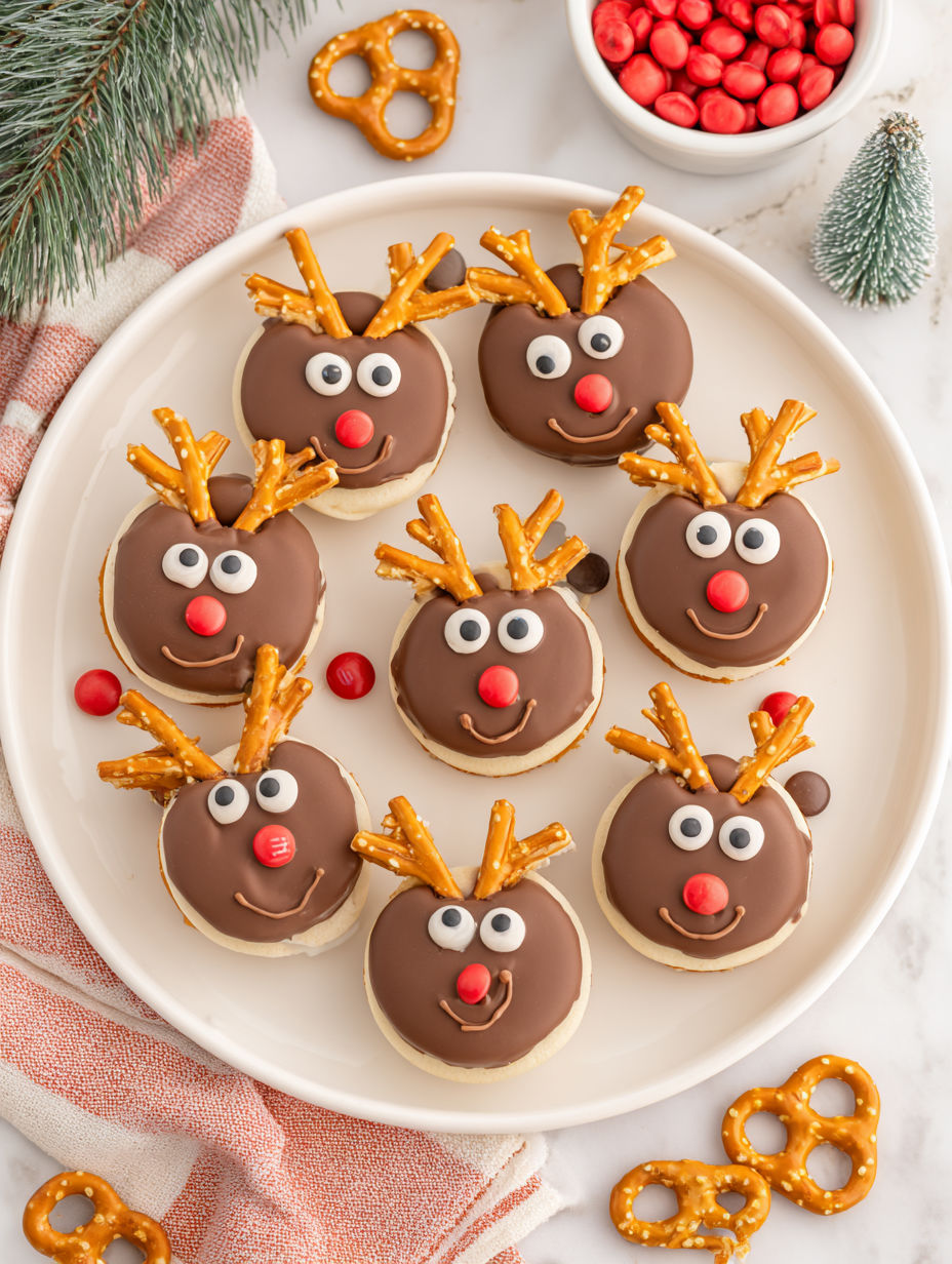 A plate of chocolate reindeer cookies.