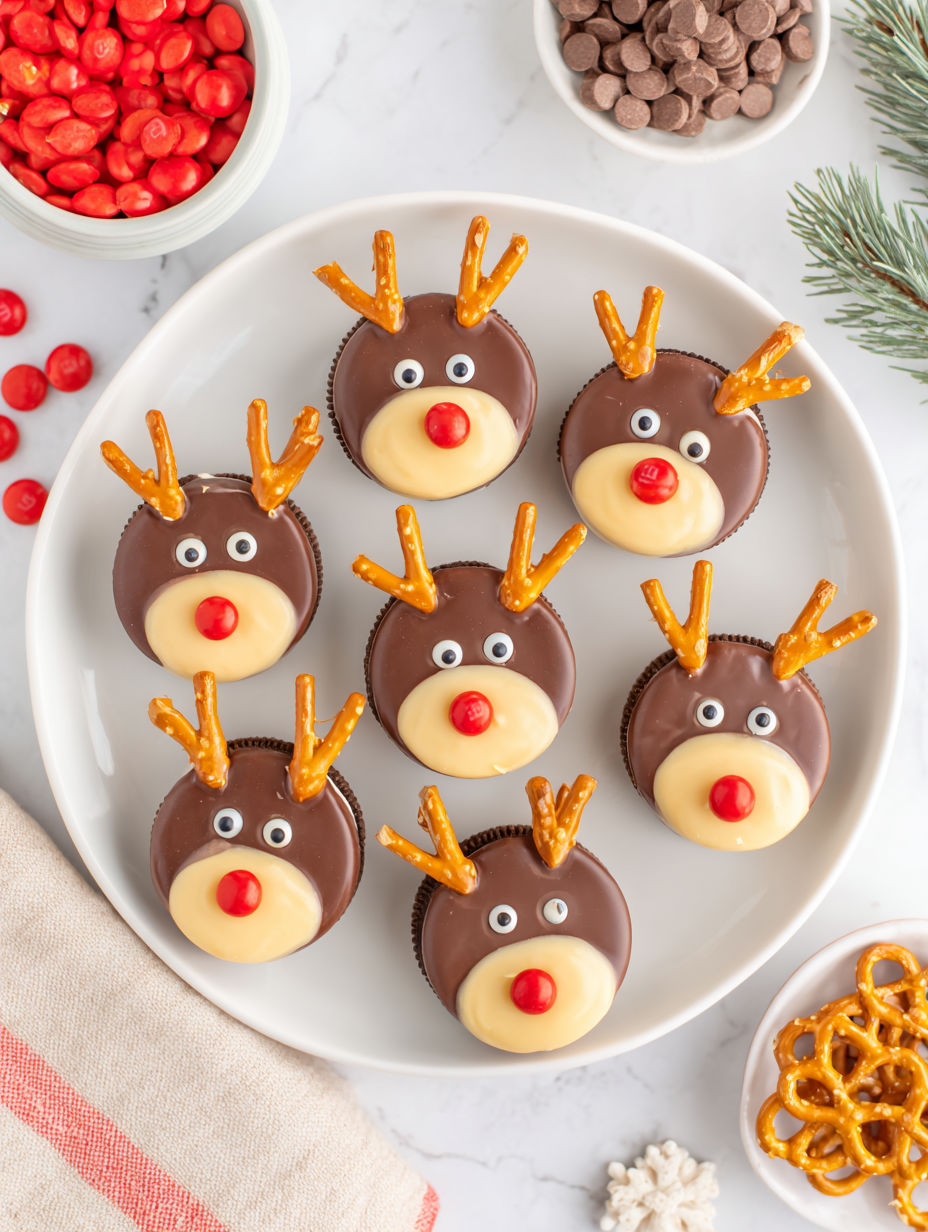 A plate of chocolate covered cookies shaped like reindeer.