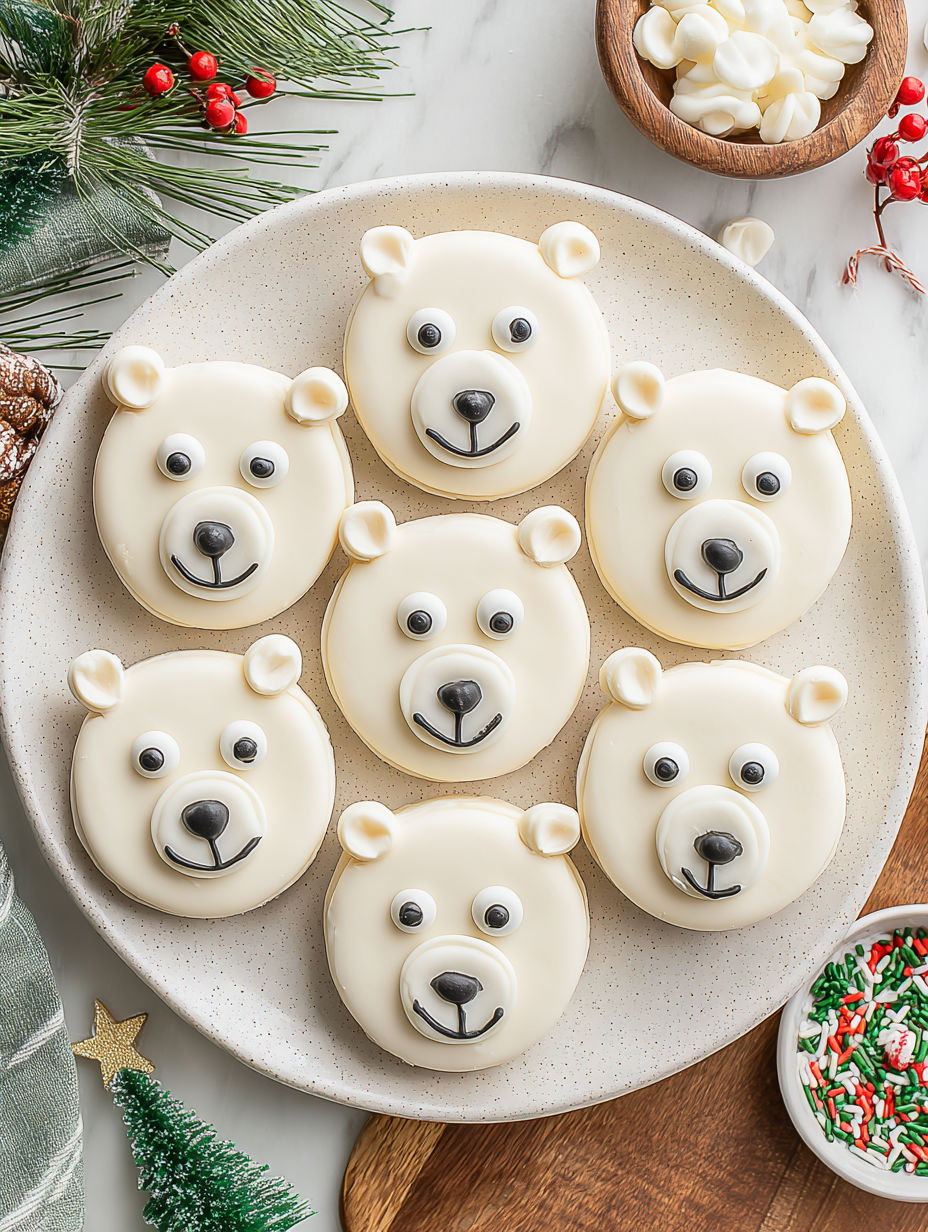 A plate of white cookies with black eyes and noses, shaped like polar bears.