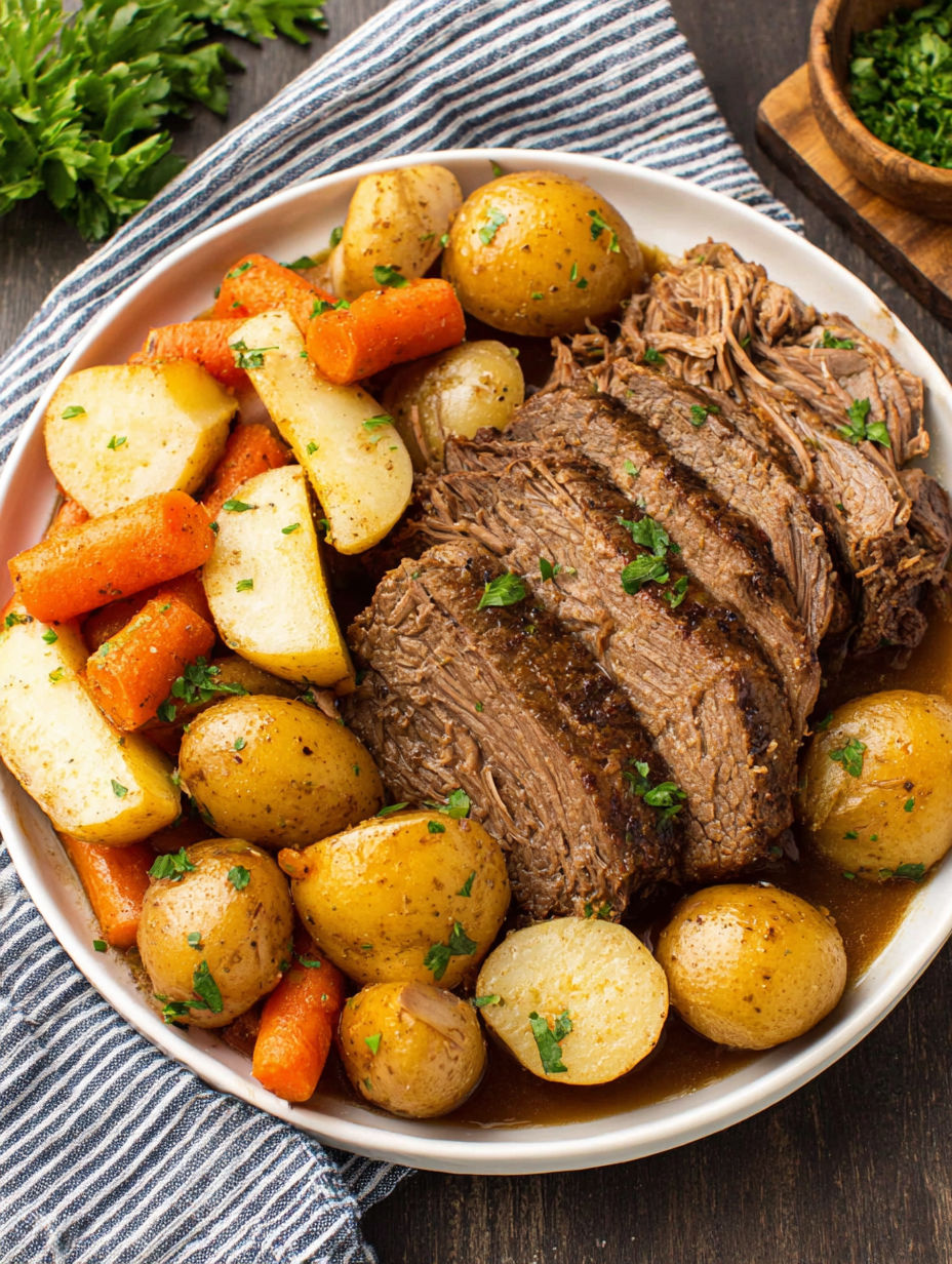A plate of food with potatoes, carrots, and beef.