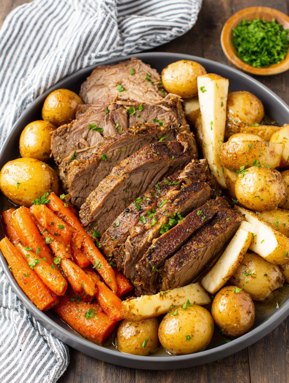 A slow cooker pot roast with potatoes and carrots.