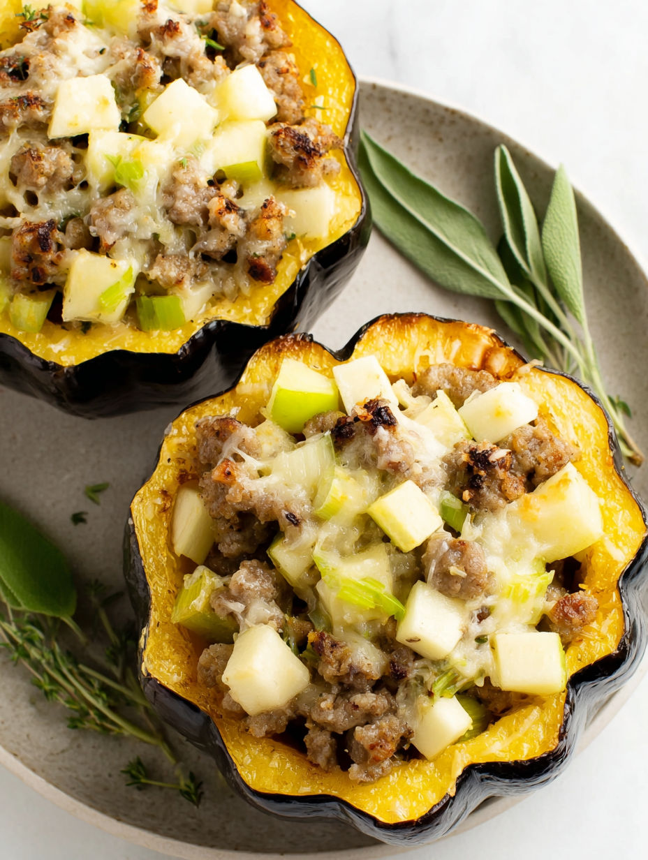 A stuffed acorn squash with sausage and cheese.