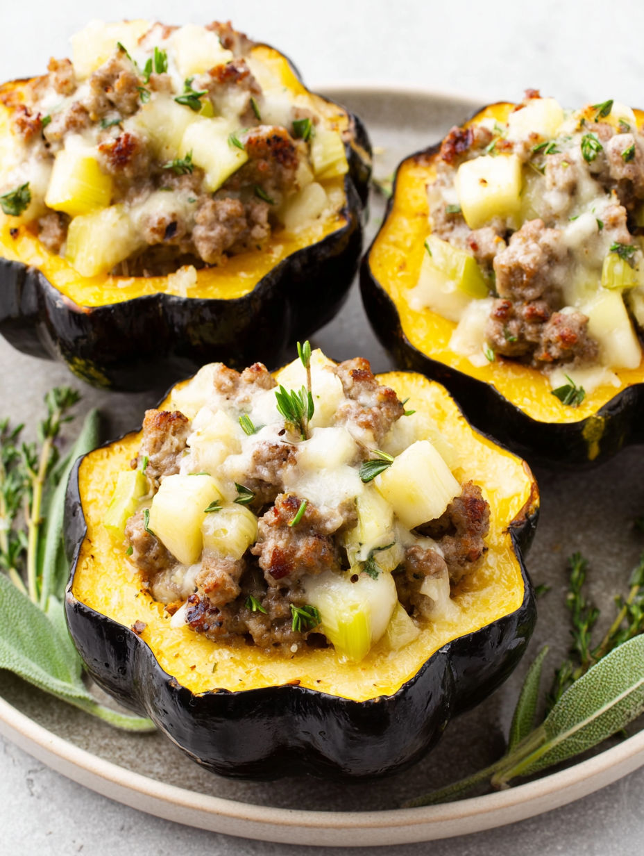 Sausage stuffed acorn squash on a plate.