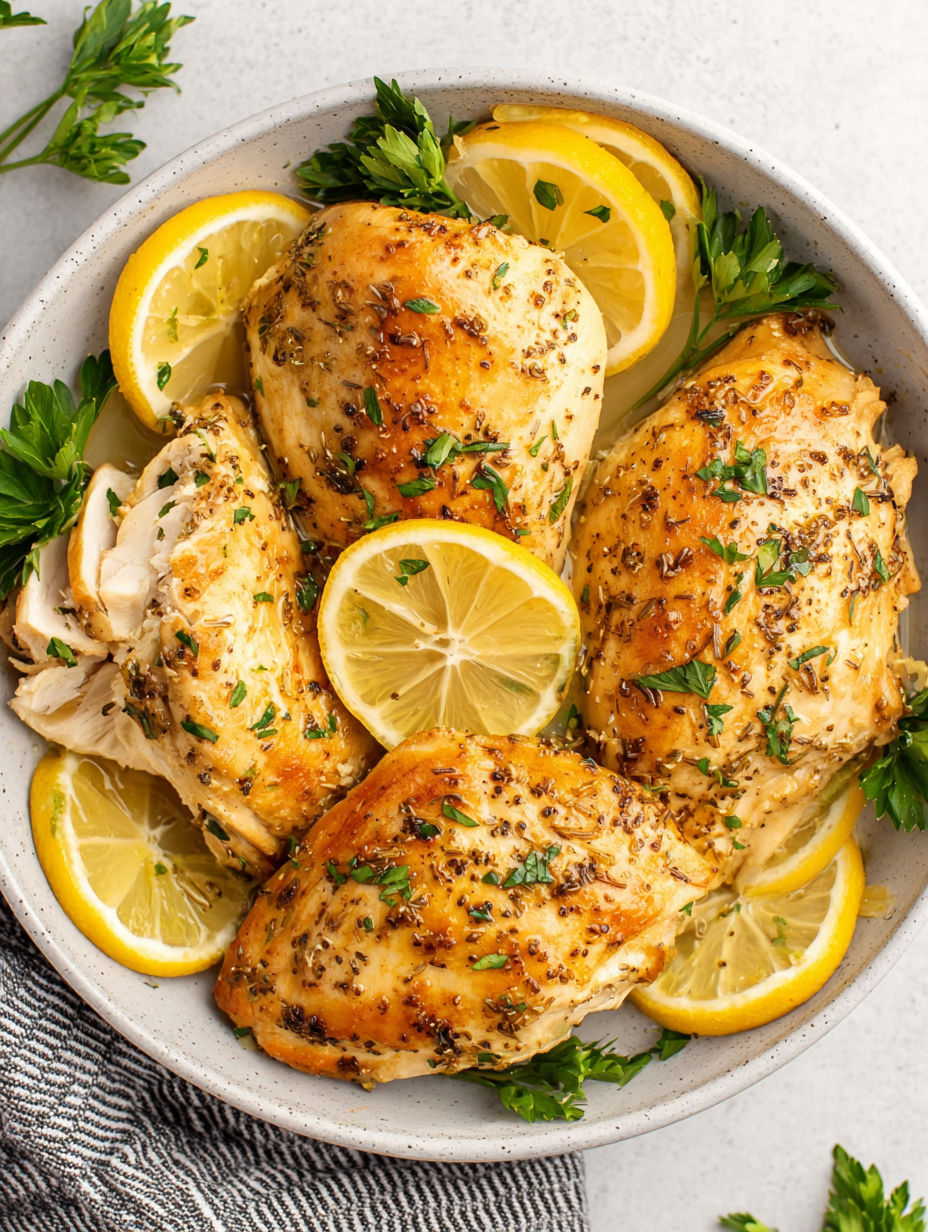 A bowl of chicken with lemon slices on top.