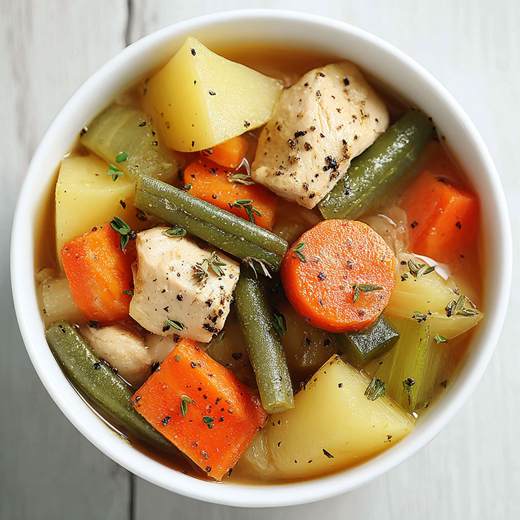 A bowl of chicken and vegetable stew.