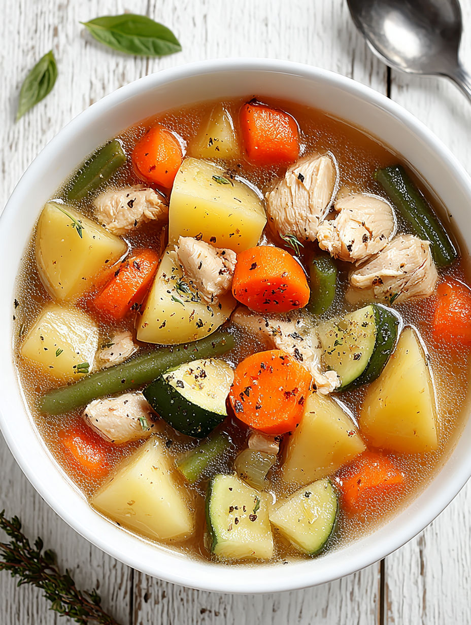 A bowl of chicken and vegetable stew.