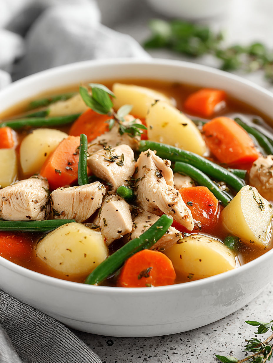 A bowl of chicken and vegetable stew.