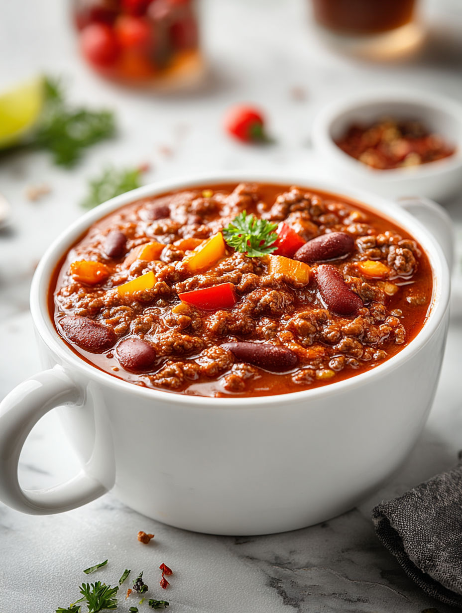 A bowl of chili with a spoon in it.