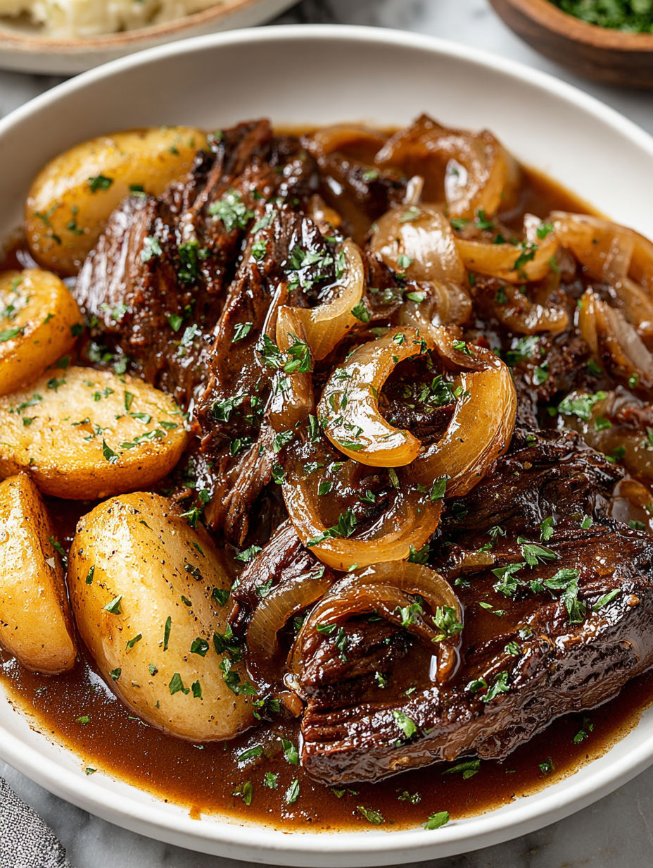 A crockpot full of French onion pot roast.
