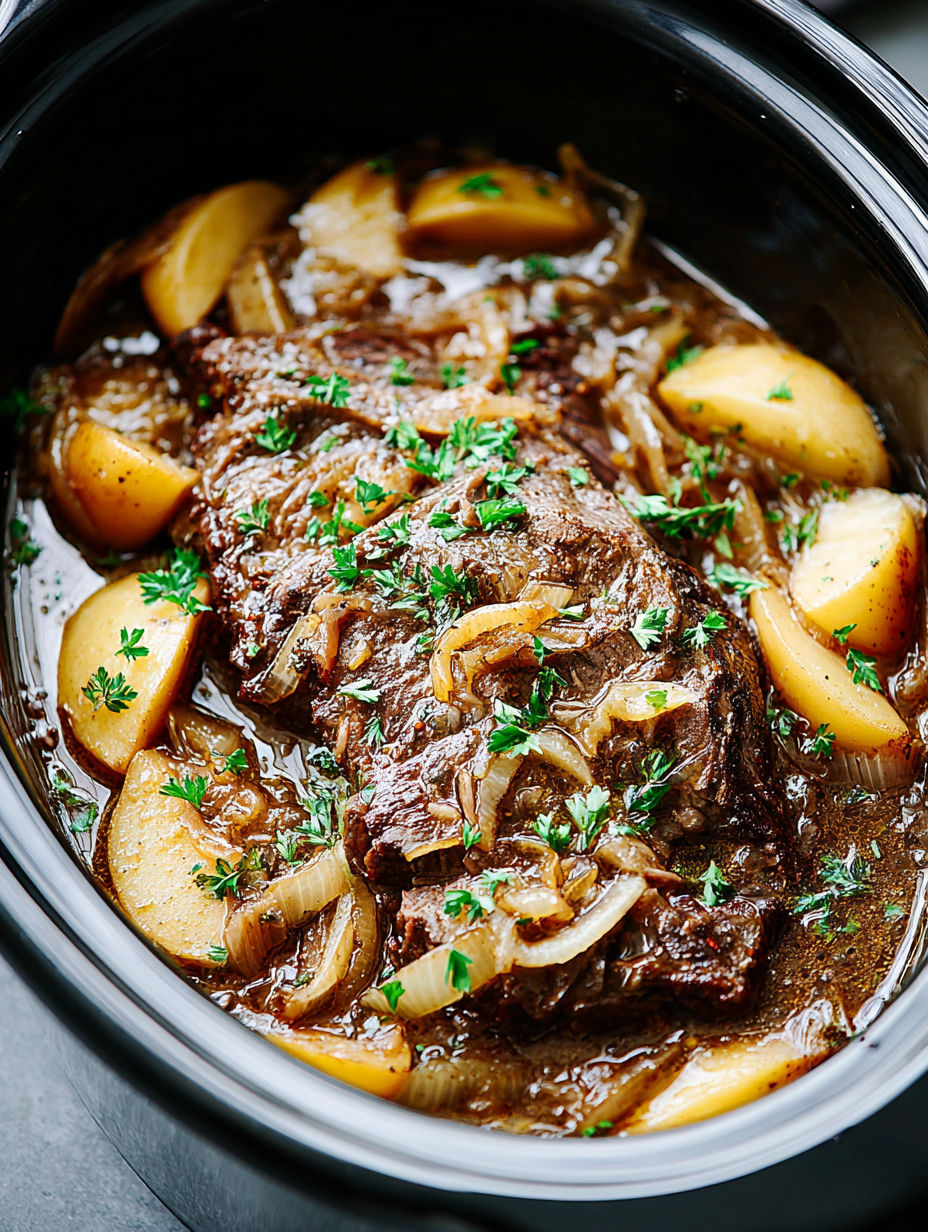 A crockpot filled with French onion pot roast.