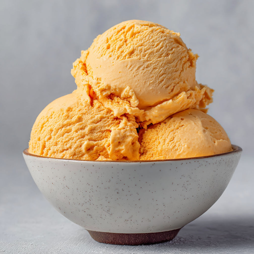 A bowl of orange ice cream.