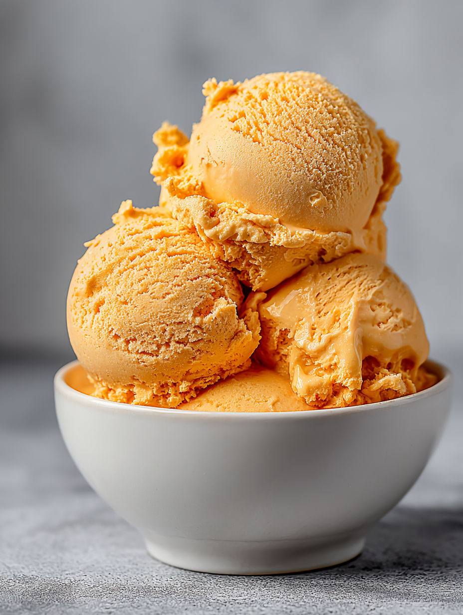 A bowl of ice cream with a scoop of pumpkin flavored ice cream.