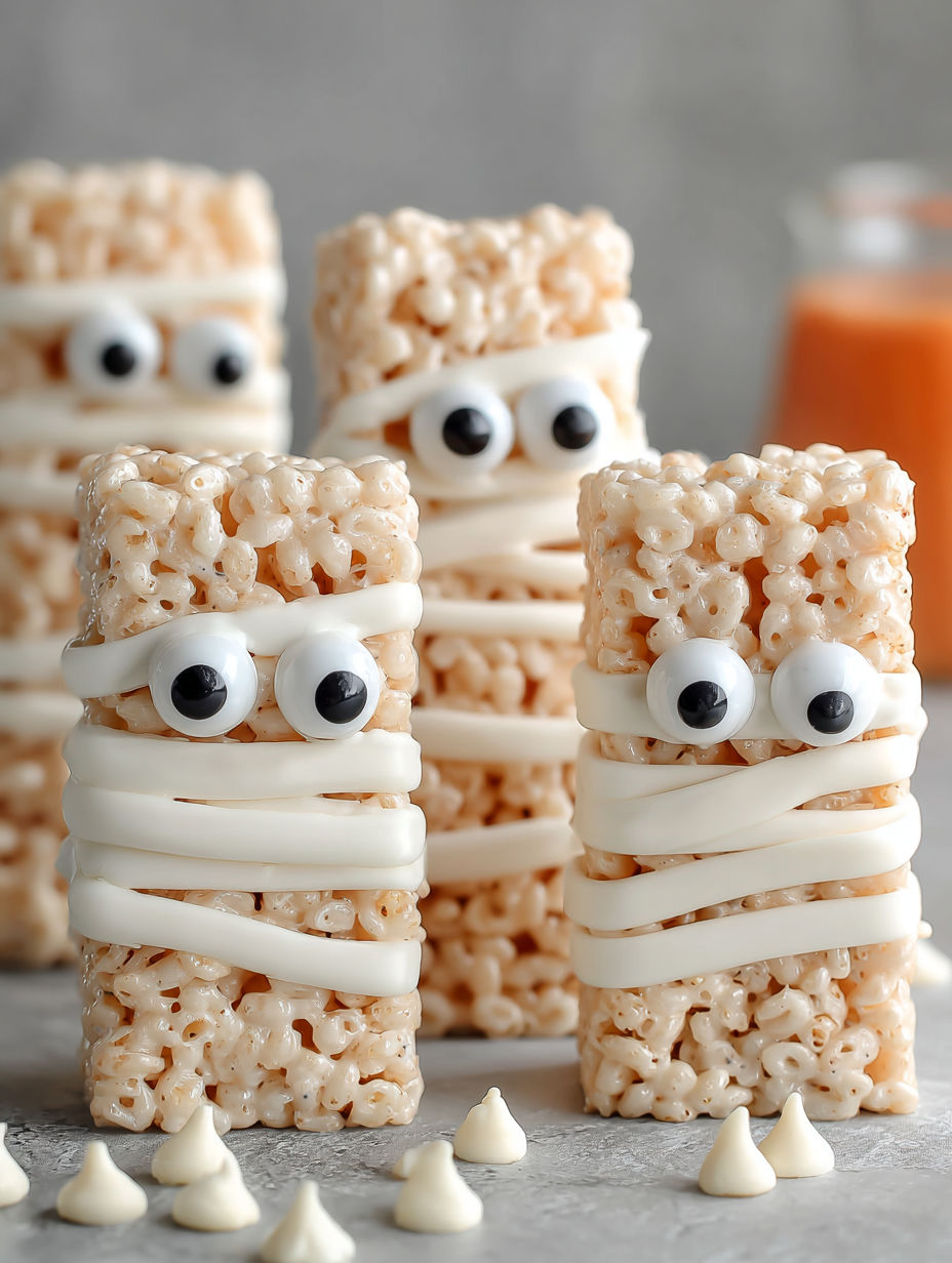 Three cereal treats with googly eyes.