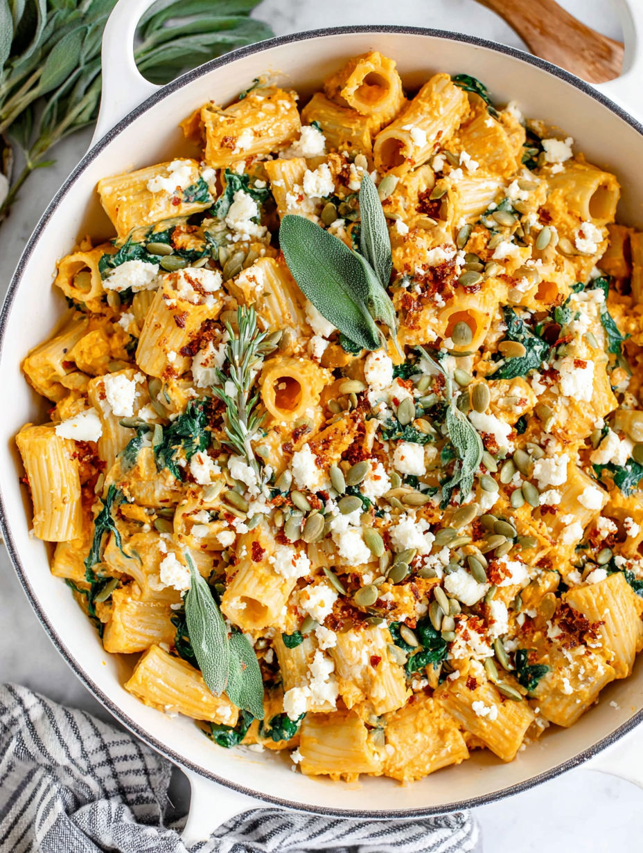 A bowl of pasta with feta cheese and pumpkin seeds.