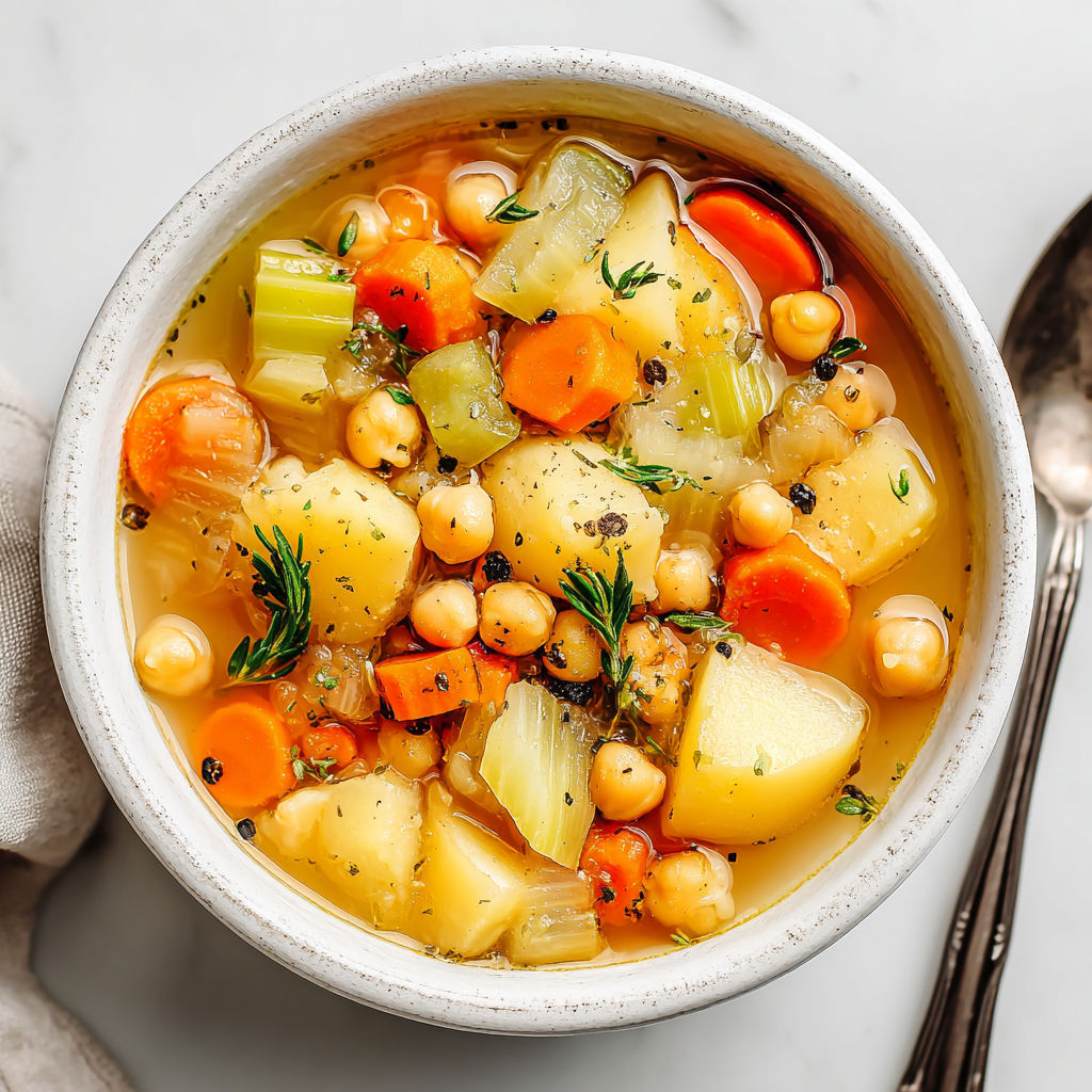 A bowl of soup with carrots, chickpeas, and potatoes.