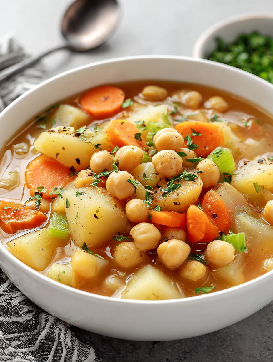 A bowl of soup with carrots, chickpeas, and potatoes.