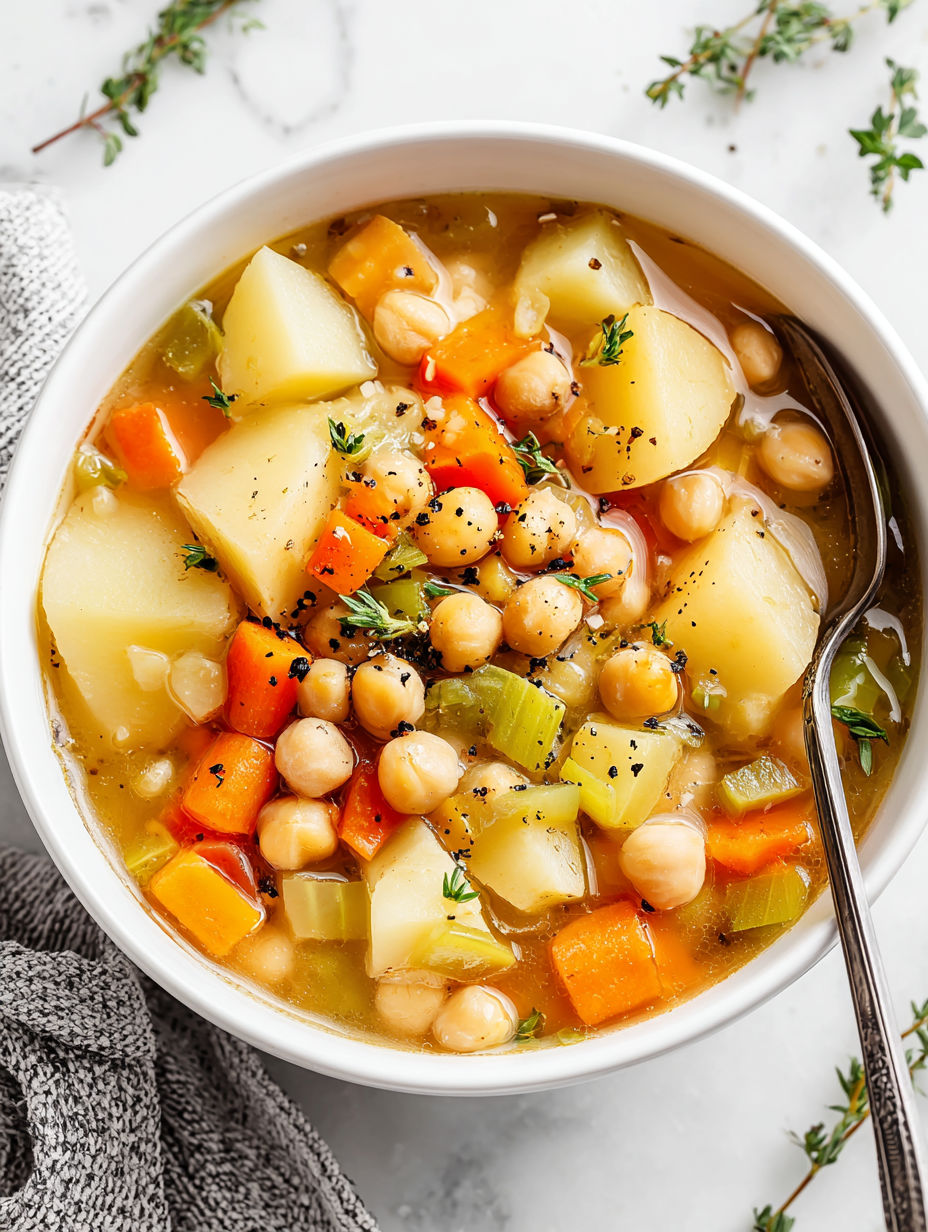 A bowl of soup with chickpeas, carrots, and potatoes.