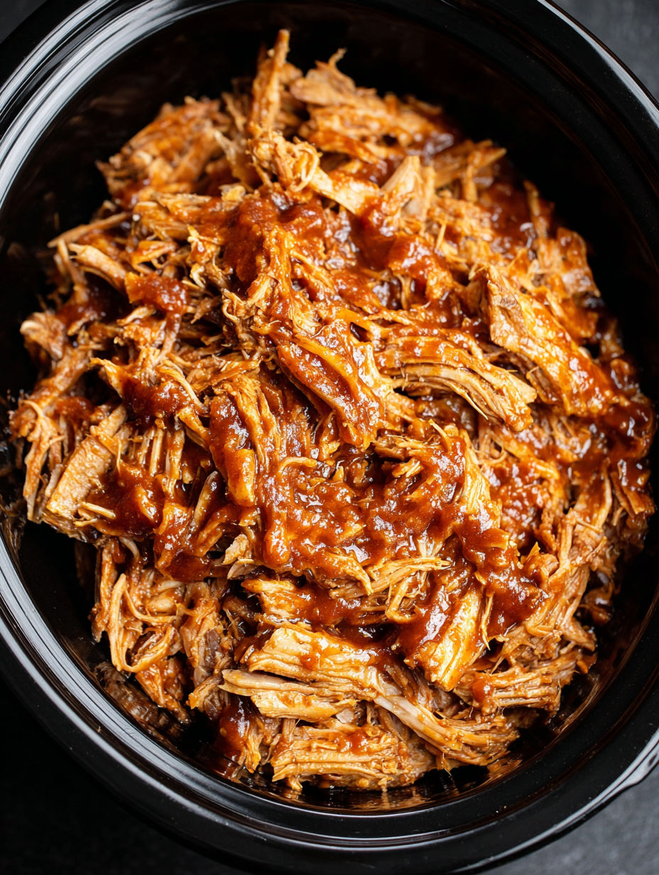 A close up of a slow cooker with BBQ Pulled Pork.