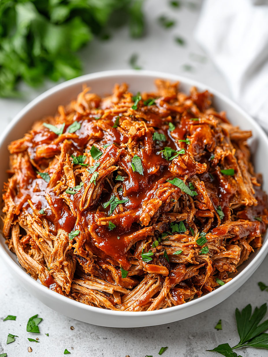 A white bowl filled with slow cooker BBQ pulled pork.