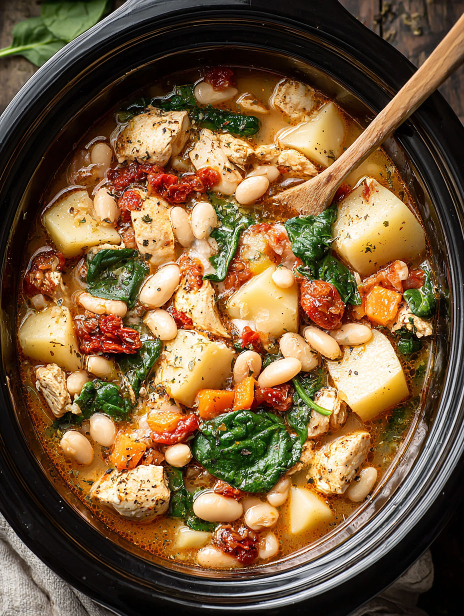 A bowl of Tuscan Crockpot Chicken and White Bean Stew.