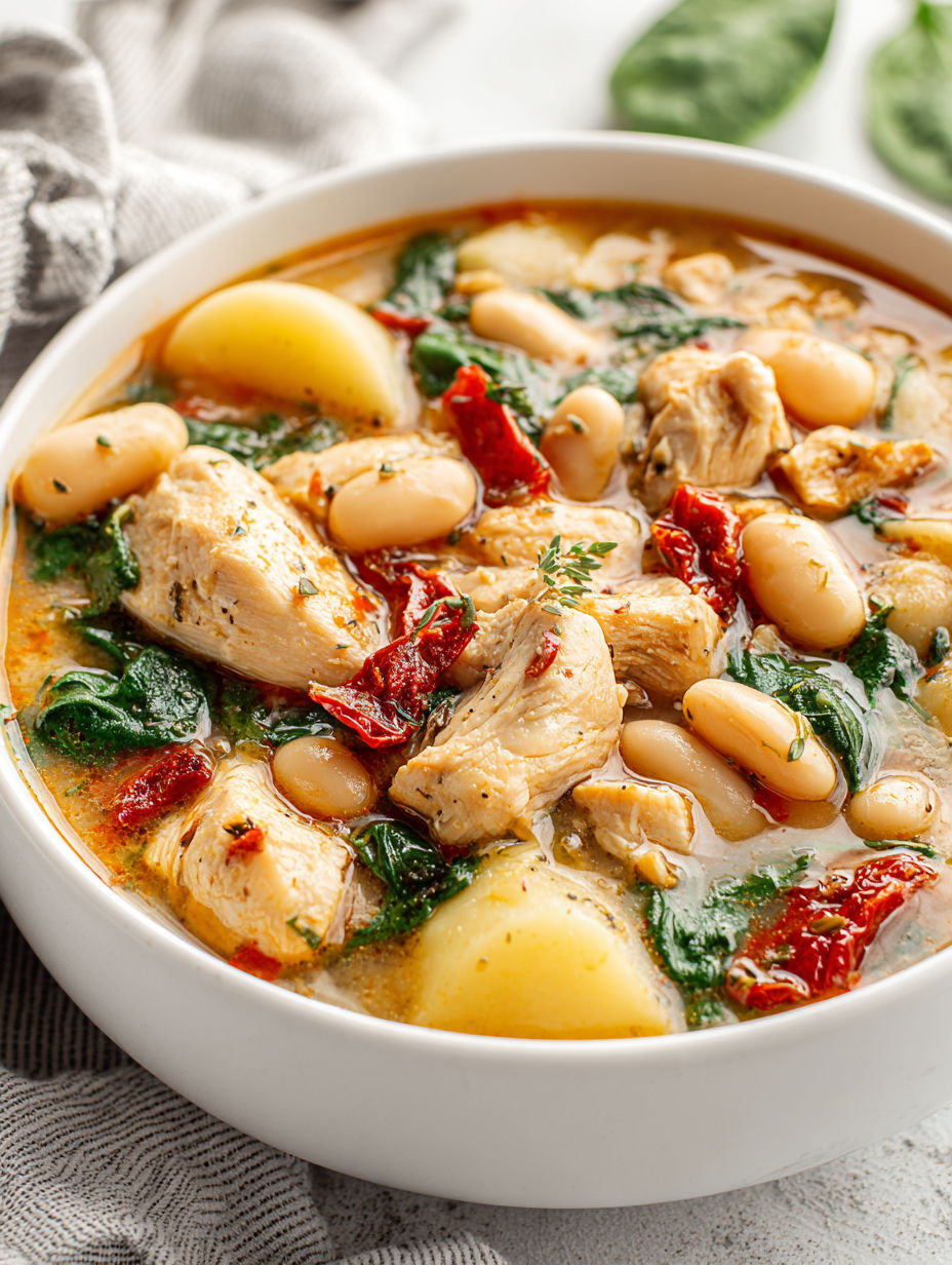 A bowl of chicken and white bean stew.