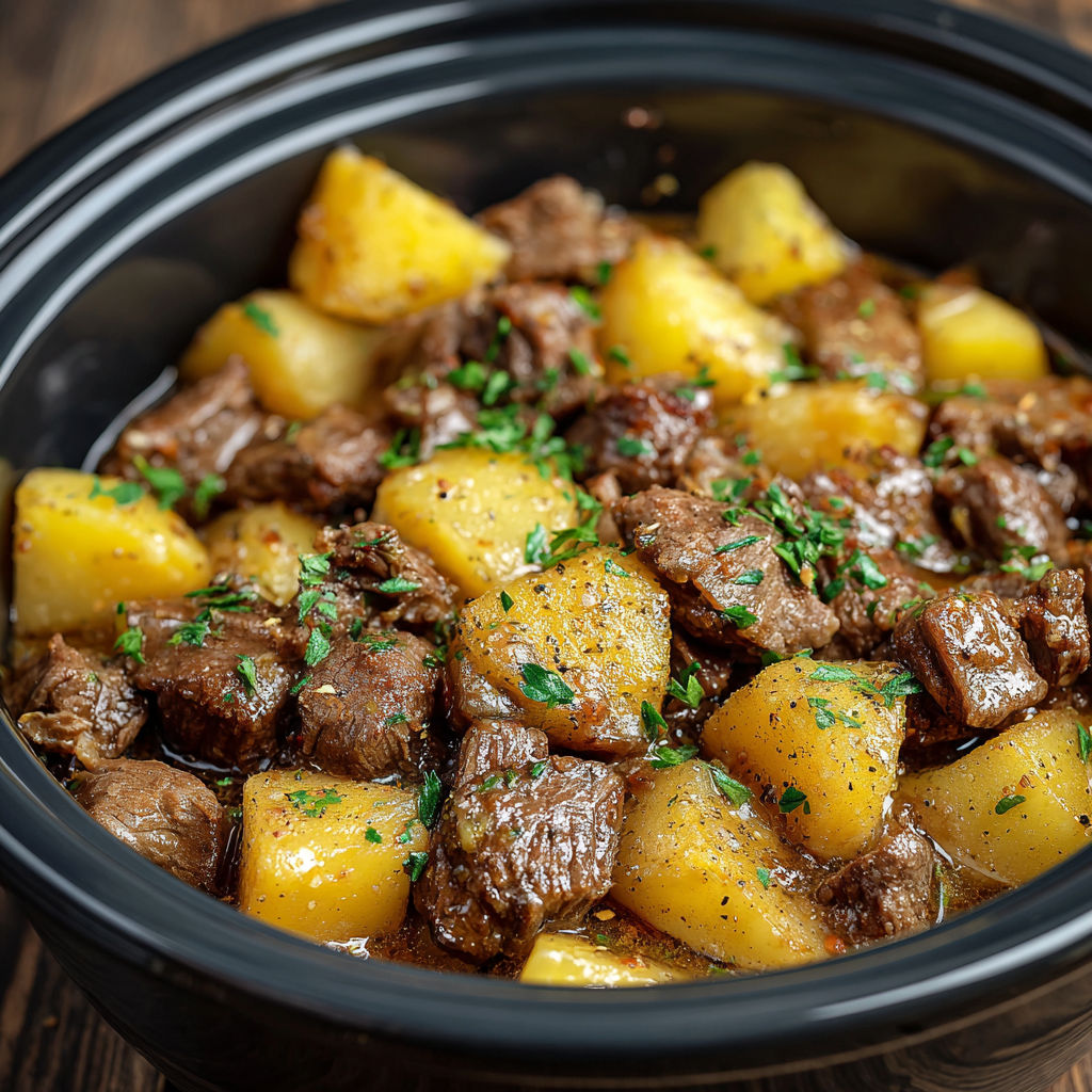 A bowl of slow cooker beef and potatoes.