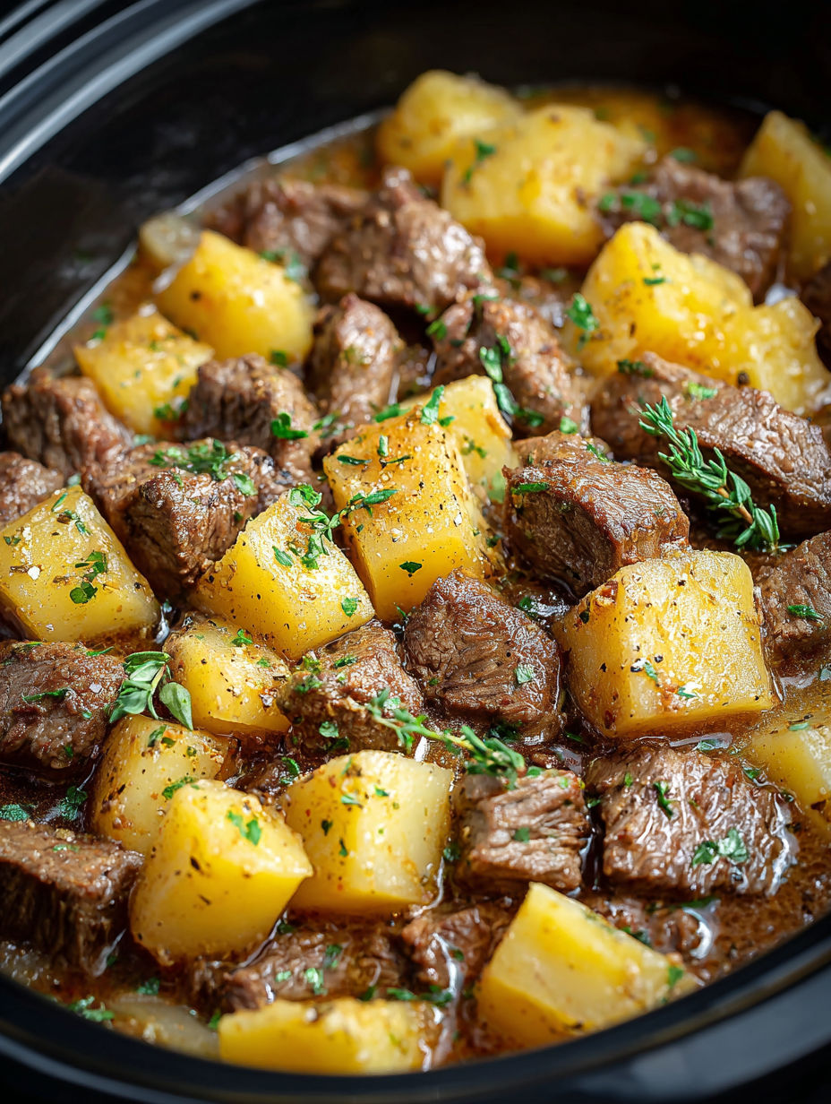 A slow cooker beef and potatoes meal.