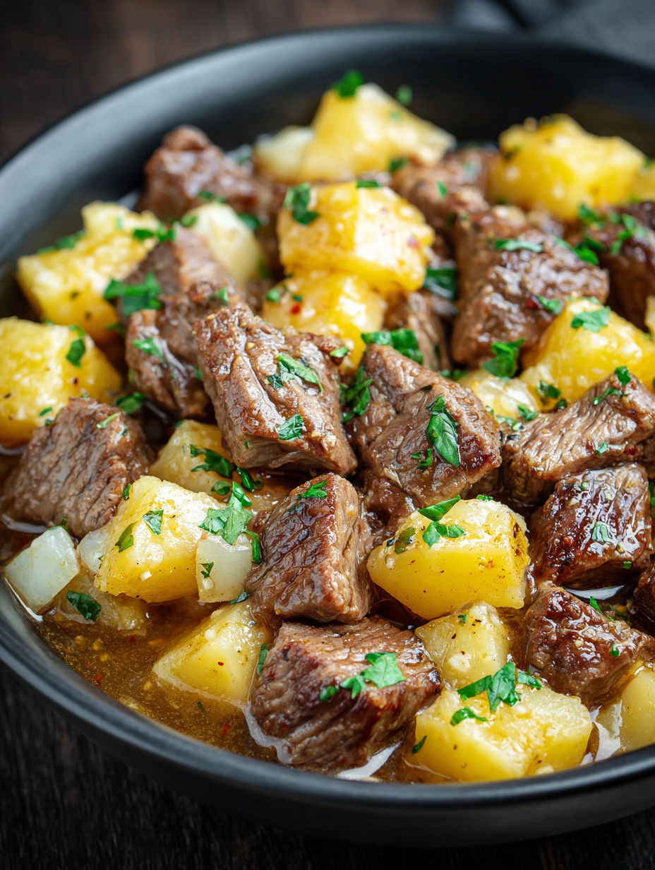 A bowl of slow cooker beef and potatoes.