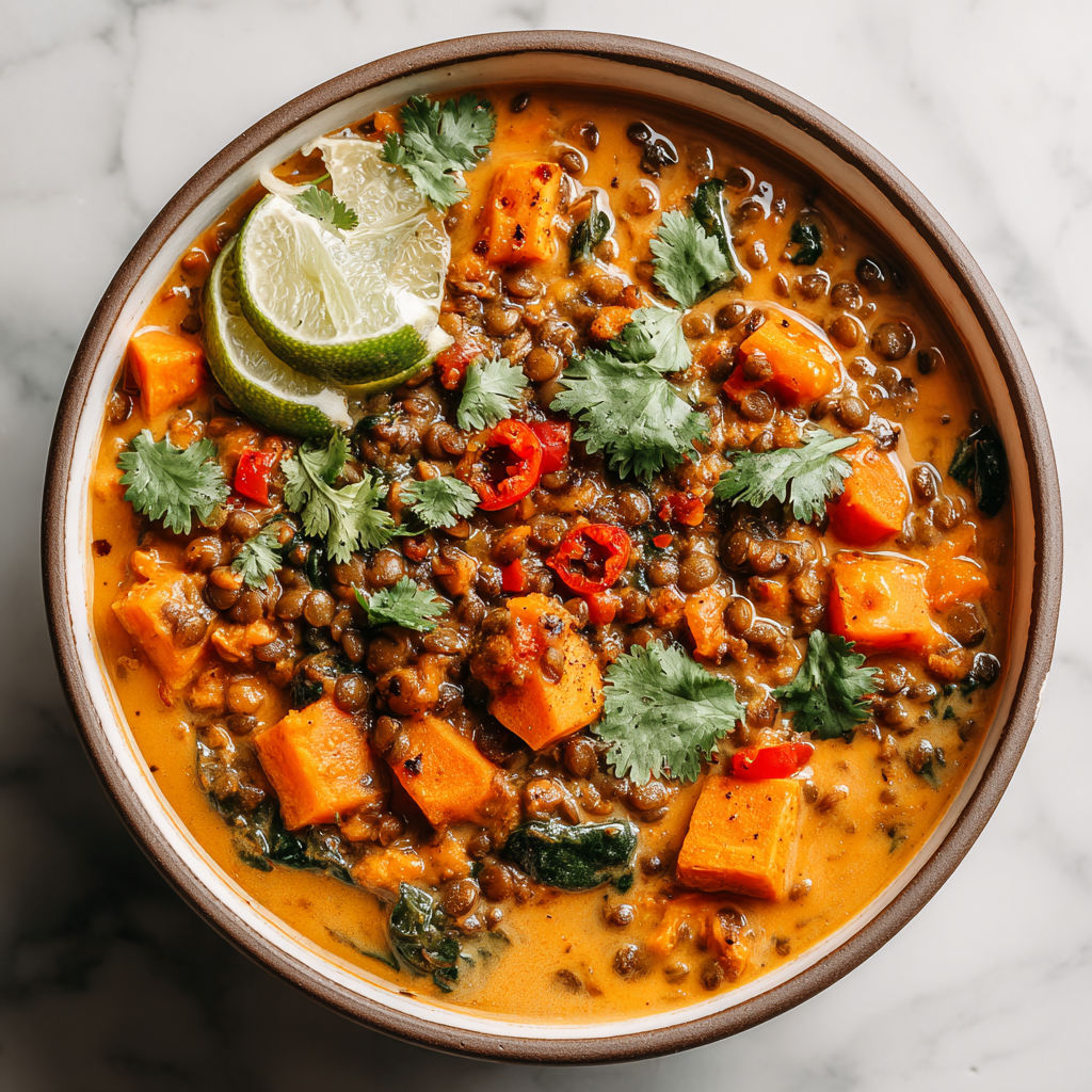 A bowl of soup with lentils, vegetables, and spices.