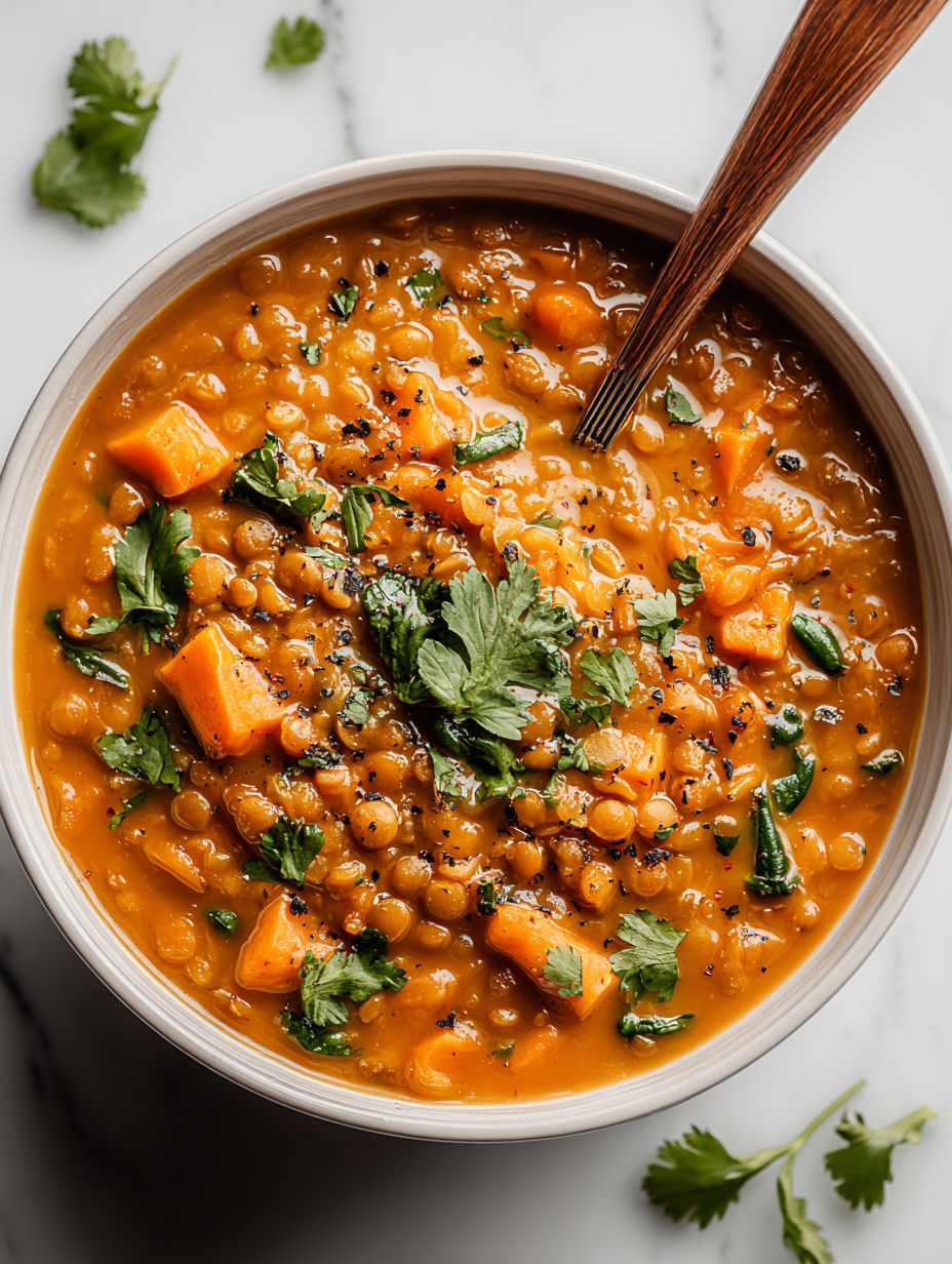 A bowl of soup with a spoon in it.