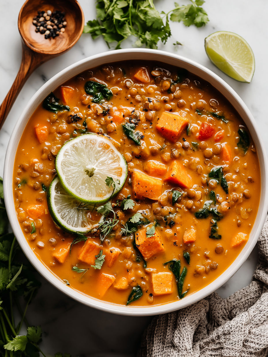 A bowl of soup with lentils and vegetables.