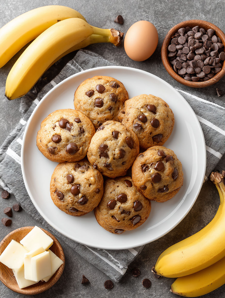 A plate of chocolate chip cookies with bananas in the background.