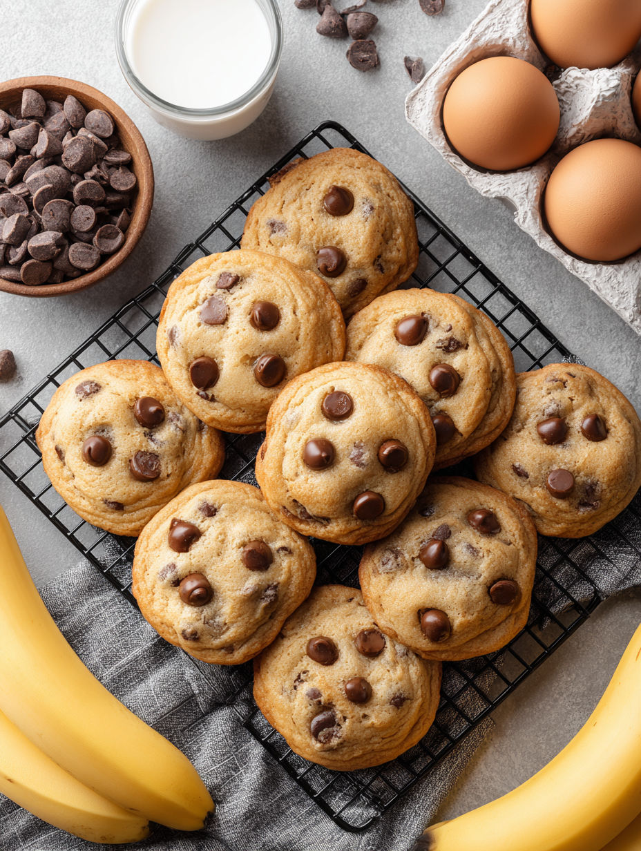 Chocolate chip cookies on a cooling rack.