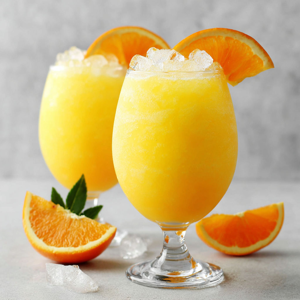 Two glasses of orange sherbet punch with orange slices on the side.