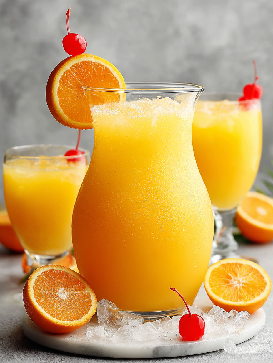 A glass of orange sherbet punch with a cherry on top.