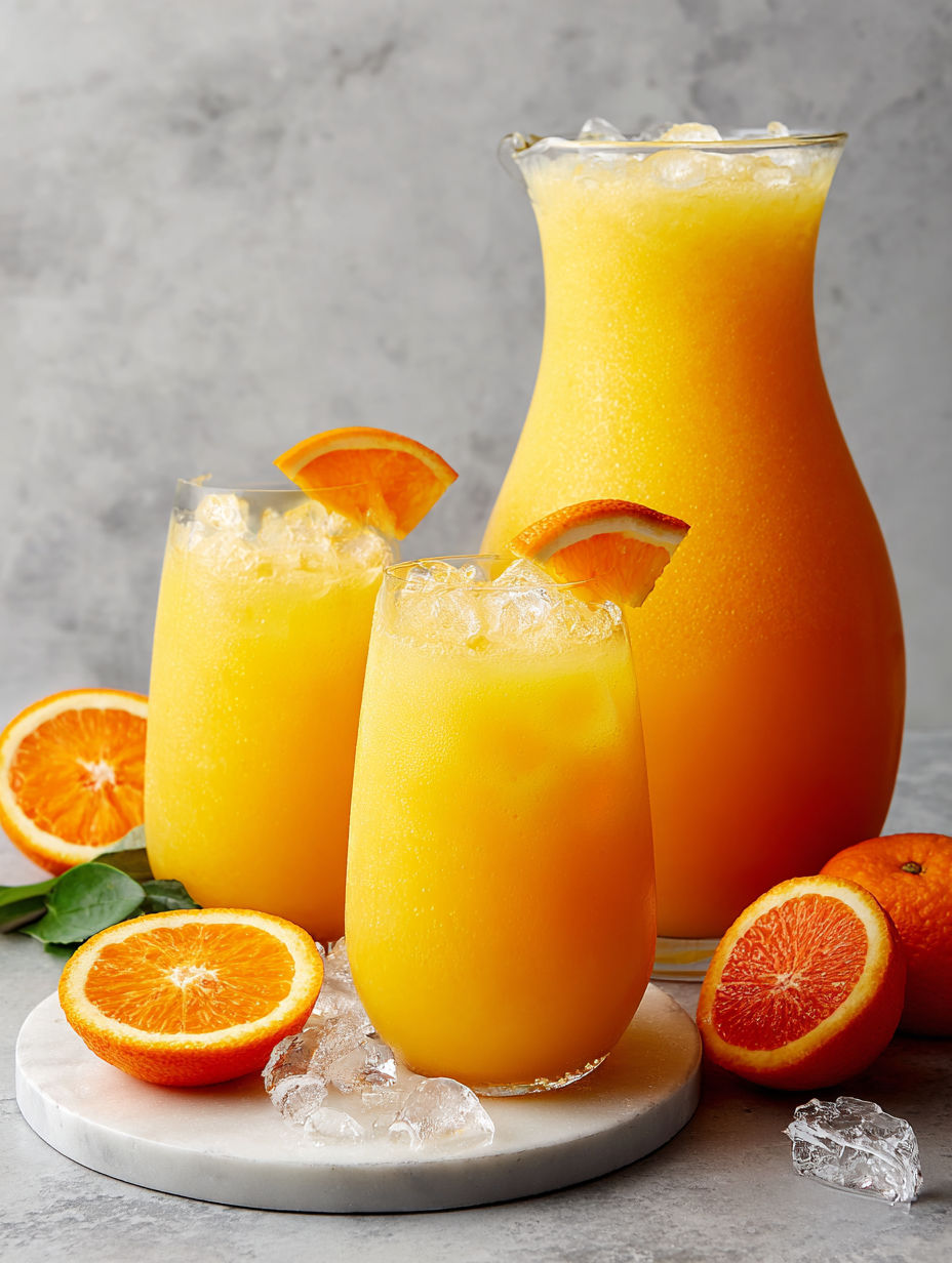 Two glasses of orange sherbet punch are on a table.