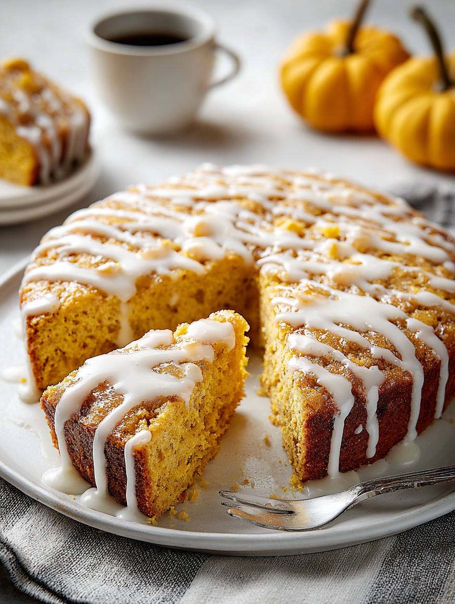 A slice of pumpkin breakfast cake with vanilla glaze.