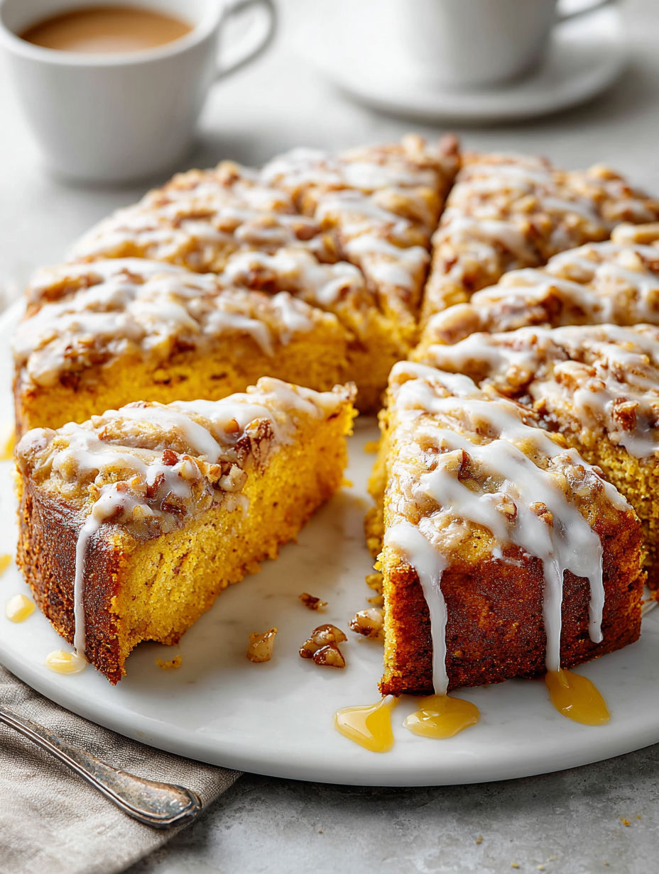 A slice of pumpkin breakfast cake with vanilla glaze.