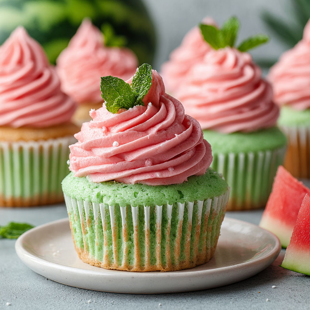 A plate of cupcakes with watermelon frosting.
