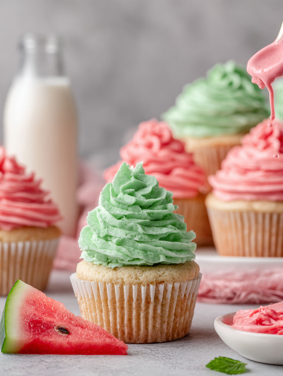 A cupcake with green and red frosting.